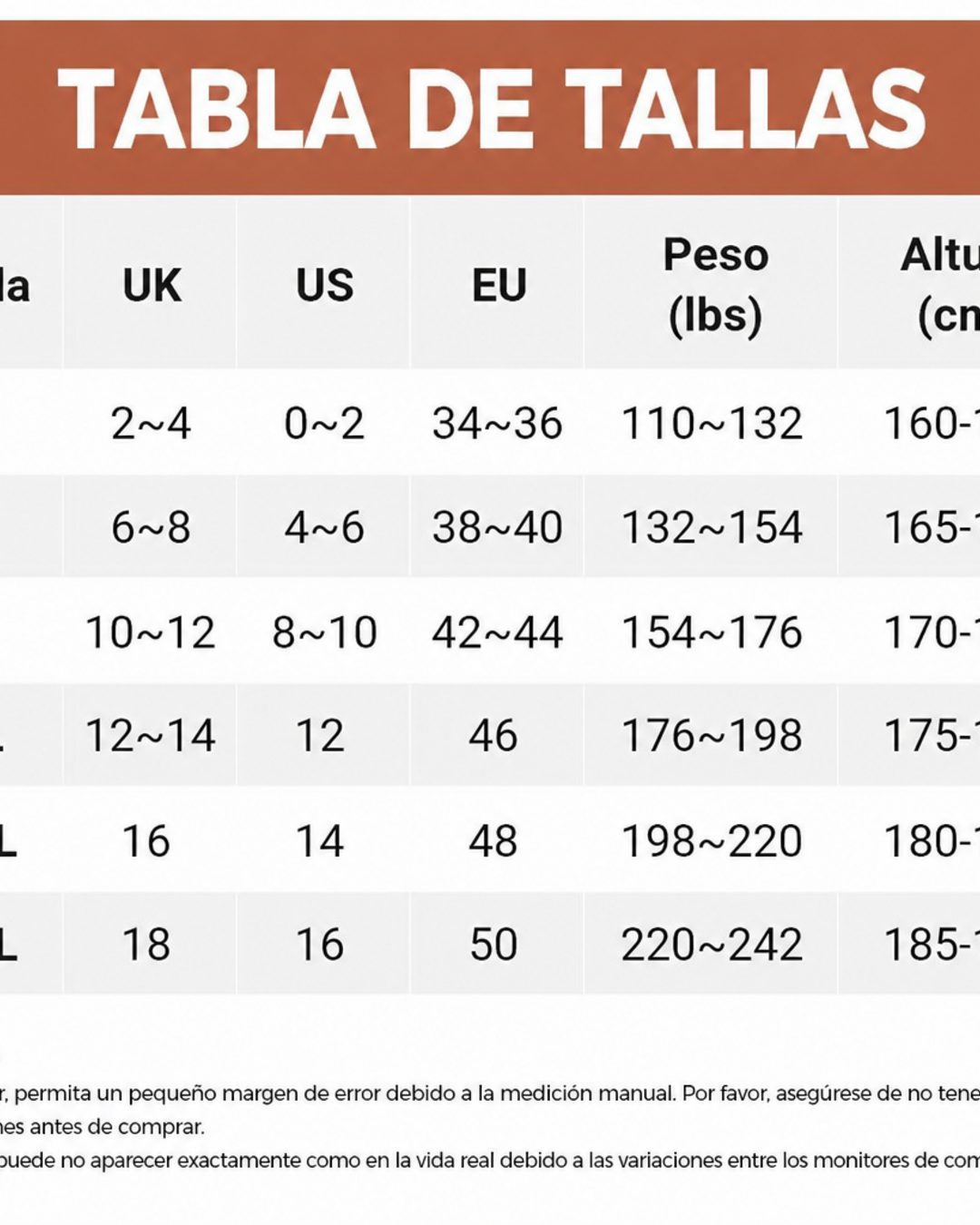 Tabla de talles capris