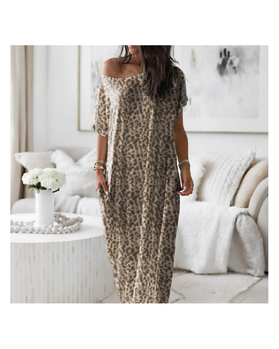 Vestido off-shoulder leopardo