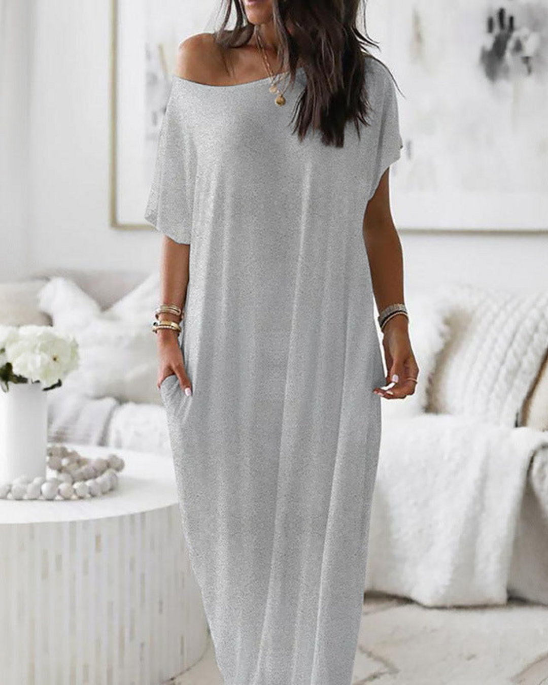 Vestido off-shoulder gris