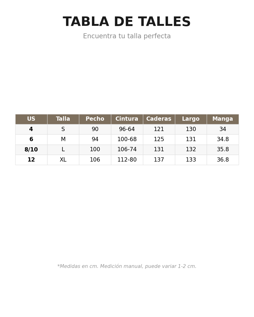 Tabla de talles vestido