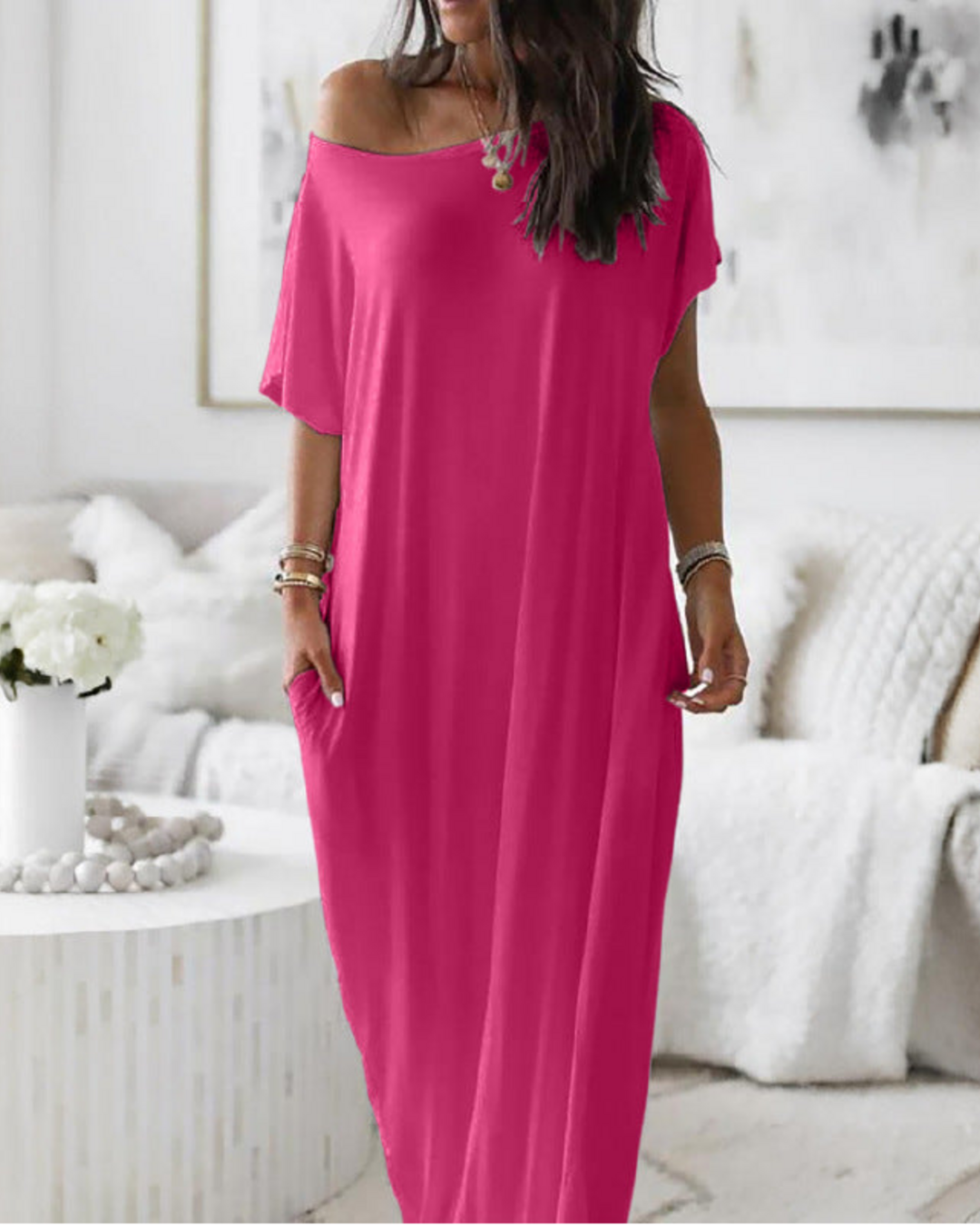 Vestido off-shoulder fucsia