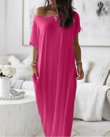 Vestido off-shoulder fucsia