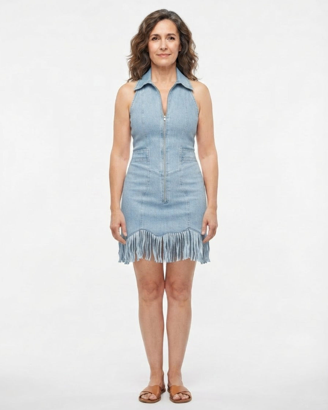 Vestido vaquero de flecos azul claro