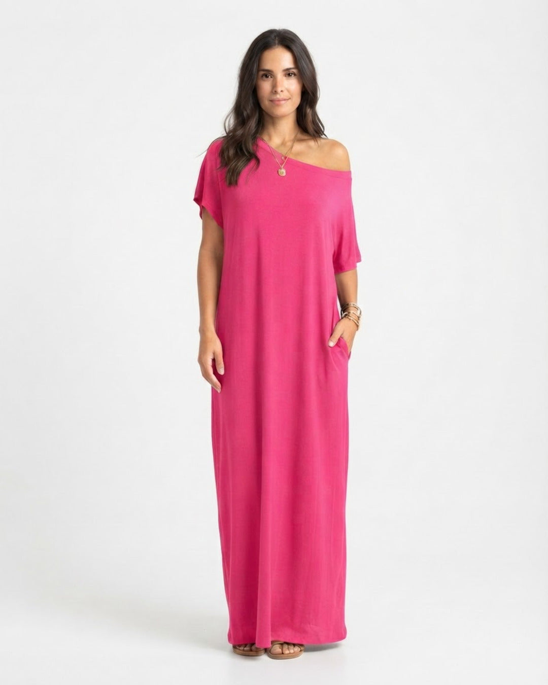 Vestido off-shoulder fucsia