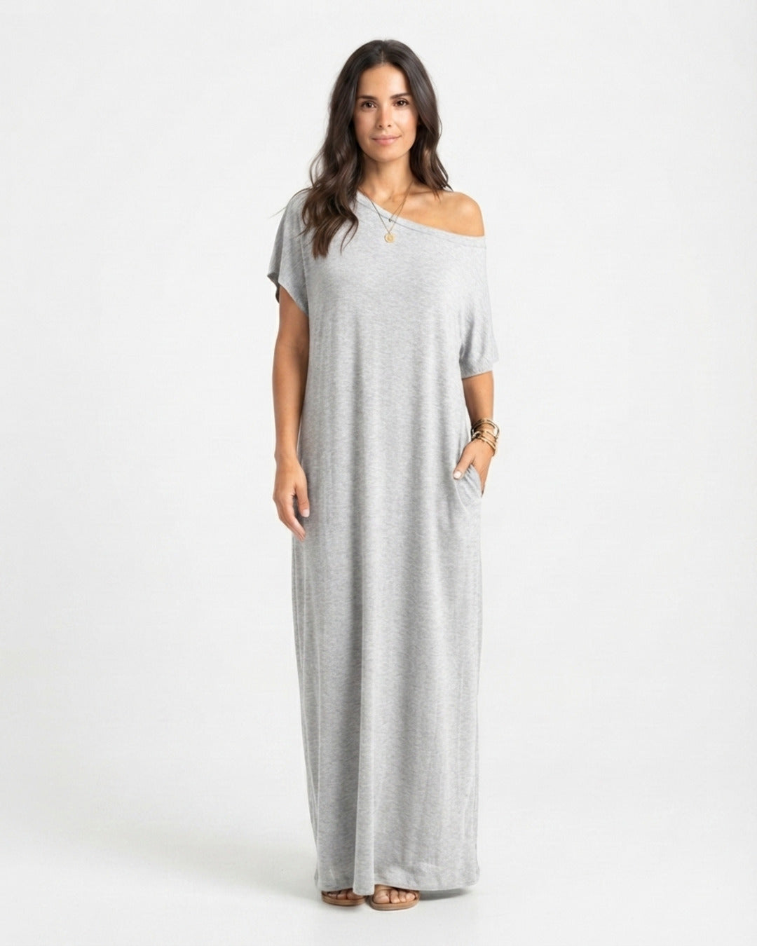 Vestido off-shoulder gris