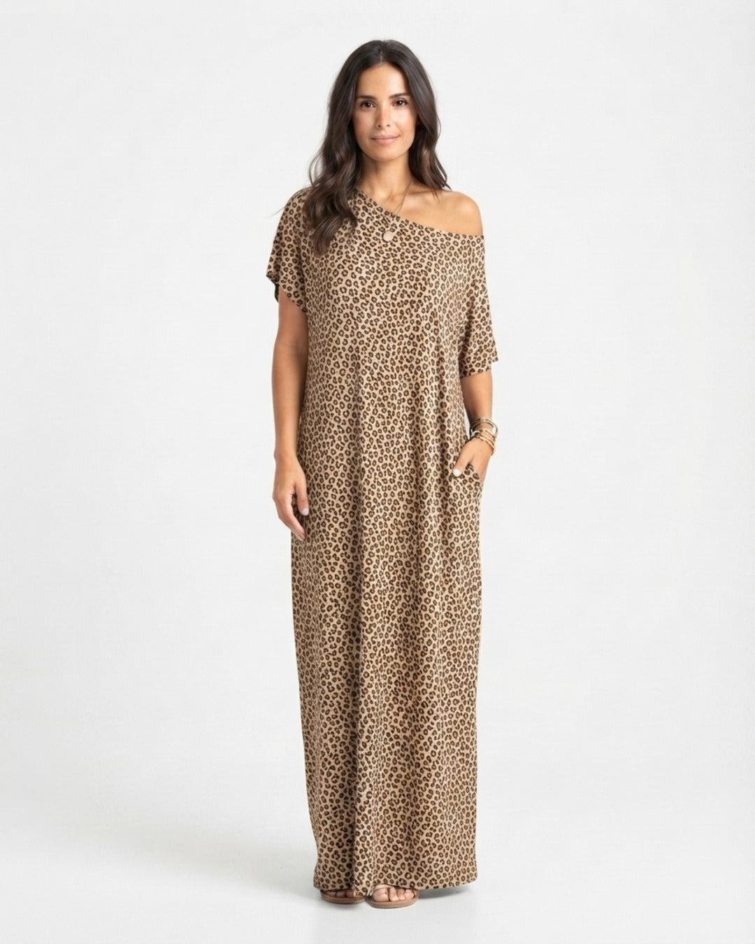 Vestido off-shoulder leopardo