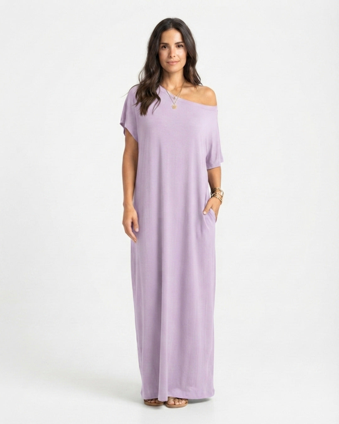Vestido off-shoulder lila