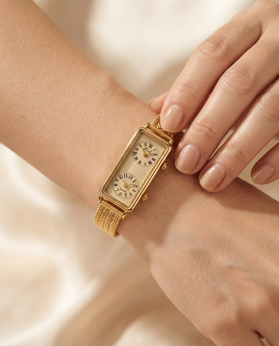 Reloj Reona esfera dorada en muñeca